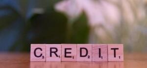 Close-up of wooden blocks spelling 'credit' with a blurred leafy background.